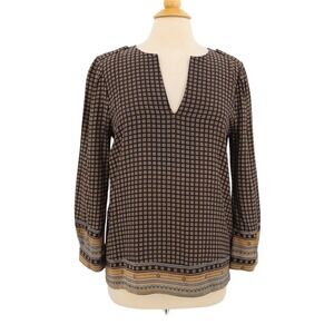 JOIE Split Neck Blouse Small 100% Silk Pullover Pleated Black Brown Luxe Classy